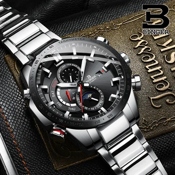 Originali Prabanga BINGER Prekės ženklo Vyrai automatinis mechaninis laikrodis Šviesos vandeniui veikia visą plieno diržas vyrų mados juoda rinkimo