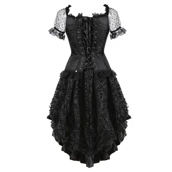 Overbust korsetas suknelė viktorijos plius dydis petnešėlėmis Parodijos Rankovėmis Korsetas ir Sijonas Nustatyti nėrinių gėlių helovinas juoda