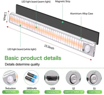 Pagal Kabineto Apšvietimo 160-LED Spinta Šviesos Su 3 Spalvų Režimų USB Įkrovimo Judesio Jutiklis Nakties Šviesa 1800mAh Baterija #