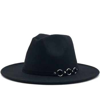 Paprasta Vilna Fedora Šiltas Džiazo Skrybėlę Chapeau Femme feutre Panaman skrybėlę žiedas Jaučiamas Moterų Fedora Skrybėlės su Diržo Derliaus Trilby Kepurės
