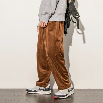 Paprastas Spalvos M-5XL Loose Fit Derliaus Kelnes Streetwear Atsitiktinis Plati Koja Pants Vyras Mada Japonų Stiliaus Corodory Vyrų Kelnės