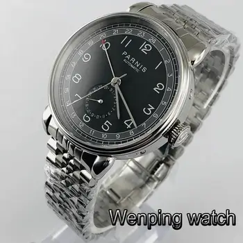 Parnis 42mm sidabro atveju black dial GMT arabų ženklas data langas kieto nerūdijančio plieno mens viršuje verslo automatinis mechaninis laikrodis