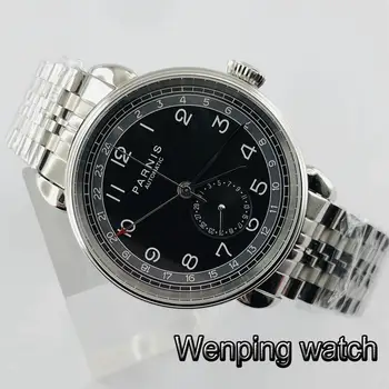 Parnis 42mm sidabro atveju black dial GMT arabų ženklas data langas kieto nerūdijančio plieno mens viršuje verslo automatinis mechaninis laikrodis