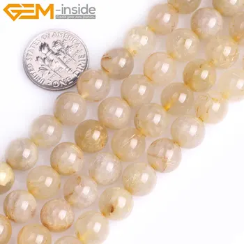 Perlas-viduje 9mm Gamtos Aukso rutilated quartzs Apvalūs Karoliukai Papuošalai Priėmimo Kryptis 15