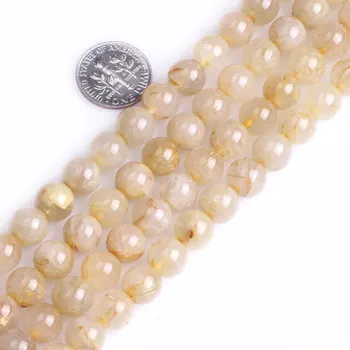 Perlas-viduje 9mm Gamtos Aukso rutilated quartzs Apvalūs Karoliukai Papuošalai Priėmimo Kryptis 15