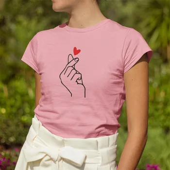 Pirštu Širdies Marškinėliai gražių Vasaros Moterų Gestas Meilės Grafinis Spausdinti trumpomis Rankovėmis Viršūnes Medvilnės Graži Mergina, T-Shirt
