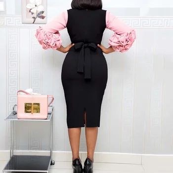 Plisuotos Žibintų Rankovės Bodycon Midi Suknelė Afrikos Moterų Office OLIS Maxi Vestidos Elegantiškas Kratinys Plius Dydžio Mėlyna Geltona Skraiste