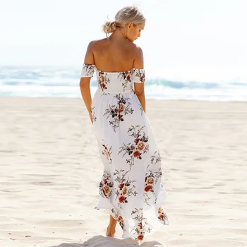 Plius dydis XS-5XL 2020 metų vasaros Boho šifono nuo peties wrap seksualus paplūdimio suknelė moterims Derliaus Gėlių spausdinti baltos spalvos maxi suknelė