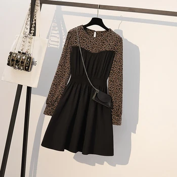 Plus Size 5XL Moterų Suknelė Leopard Kratinys Ponios Vestidos ilgomis Rankovėmis Elegantiškas Moterų Apdaras O-Kaklo Su maišeliu Drabužiai, Suknelės