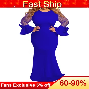 Plus Size Ilgi Šalis Suknelė Moterų Tinklinio Tuščiaviduriai Long Sleeve Blue Elegantiškas Vakarienė Suknelė Afrikos Mermarid Maxi Suknelė Balta Skraiste, 5XL