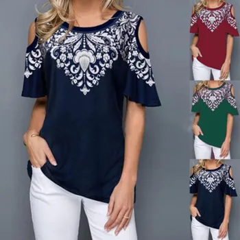Plus Size Viršūnes 2020 Moterys Vasarą Laisvi Marškinėliai Atsitiktinis trumpomis Rankovėmis Viršūnes Tees Seksualus Off Peties Spausdinti O-Kaklo Derliaus T-Shirt 5XL