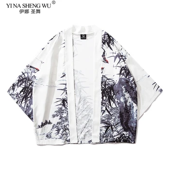 Pora Moterų, Vyrų Harajuku Prarasti Kimono Haori Japonų Stiliaus Plonas Paukščių Krano Spausdinti Samurajus Atsitiktinis Vasaros Kailio Striukė Streetwear