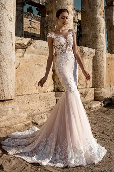 Prabangus Perlų, Rausvos Undinė Vestuvių Suknelės 2021 Viliojanti Nėrinių Aplikacijos Samtelis Iškirpte Bžūp Rankovėmis Vestuvių Nuotakos Suknelė Valymo Traukinio