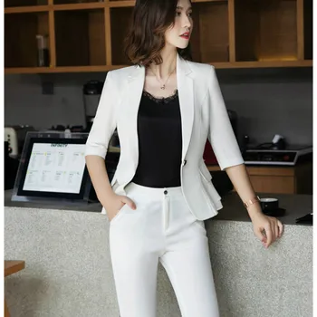 Profesionalus moterų kostiumai, kelnės, kostiumas aukštos kokybės naujas Vasaros vientisos spalvos Plonas susiėmę baltas švarkas Moteriška slim kelnių kostiumas