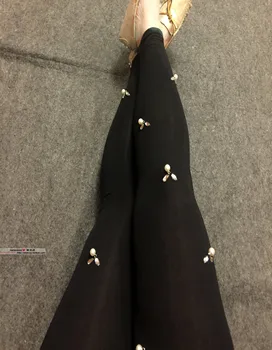 Puošnios pearl cirkonio juodas ruožas devynių taškų kojų kelnės, antblauzdžiai didelio dydžio moterims