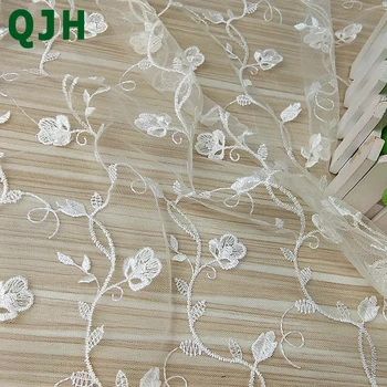 QJH 1 Kiemas 120cm Plotis Elegancija Minkštos Baltos Gėlės Šilko Afrikos Nėrinių Audinius, Siuvinėtus Nigerijos Guipure Tiulio Vestuvinė Suknelė