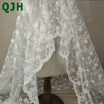 QJH 1 Kiemas 120cm Plotis Elegancija Minkštos Baltos Gėlės Šilko Afrikos Nėrinių Audinius, Siuvinėtus Nigerijos Guipure Tiulio Vestuvinė Suknelė