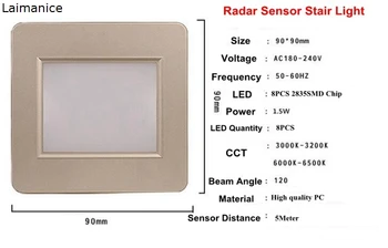 Radaro Jutiklis LED Laiptų Šviesos 100V-240V 1.5 W Aikštėje Embedded Žingsnis Lempos Su Šviesos Jutiklis Footlight Kampe Sienos Lempos su 86 dėžutę