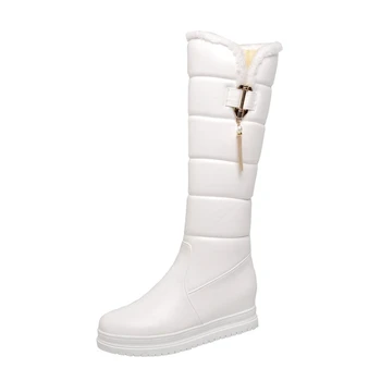 REAVECAT Žiemą Šiltas Žemyn Sniego Knee-high batai 2cm Butas Su Lakinės Odos Traukti Pakraštyje Didelis dydis 34-43 Pink Casual A3201