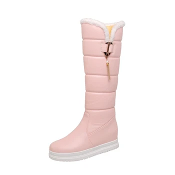 REAVECAT Žiemą Šiltas Žemyn Sniego Knee-high batai 2cm Butas Su Lakinės Odos Traukti Pakraštyje Didelis dydis 34-43 Pink Casual A3201