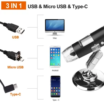 Reguliuojamas 1600X 2MP 1080P 8 LED USB Skaitmeninis Mikroskopas Tipas-C/Micro didinamasis stiklas Elektroninių Stereo Endoskopą, Skirta 