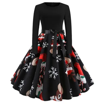 Retro Vintage Ilgomis Rankovėmis Žiemos Suknelė Moterims Gėlių Spausdinti Kalėdų Suknelės Elegantiškas Atsitiktinis-Line Skraiste Rockabilly Pinup Vestidos