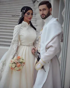Romantiška Musulmonų Vestuvių Suknelės Dubajus Arabų Ilgomis Rankovėmis Šalies Vestuvinė Suknelė Su Siuvinėjimo Satino Morrocan Kaftan Nuotakos Suknelė
