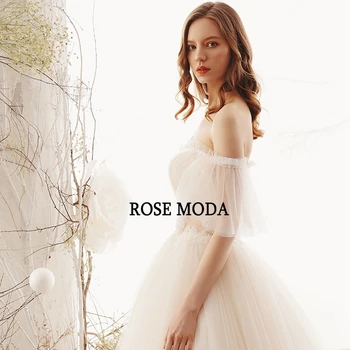 Rose Moda nuo Pečių, trumpomis Rankovėmis, Boho Vestuvių Suknelė su Kristalais Paskirties Vestuvinės Suknelės