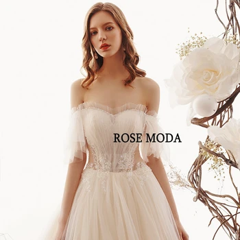 Rose Moda nuo Pečių, trumpomis Rankovėmis, Boho Vestuvių Suknelė su Kristalais Paskirties Vestuvinės Suknelės