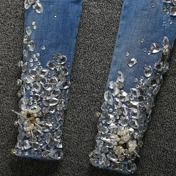 Rudenį ir žiemą retro siuvinėjimo džinsai moteriška gėlių blizgučiais diamond liesas pieštuku kelnes kelnės