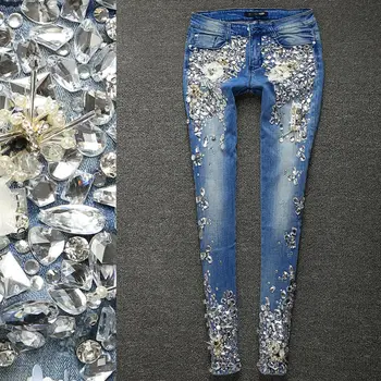 Rudenį ir žiemą retro siuvinėjimo džinsai moteriška gėlių blizgučiais diamond liesas pieštuku kelnes kelnės