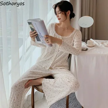 Rudenį Pajama Komplektai Moterų Nėriniai Seksuali Moteriška Pižama Gėlių Spausdinti Ins Korėjos Stiliaus Sweet Home Dėvėti Šviežių Puikus Dviejų Dalių Laisvas