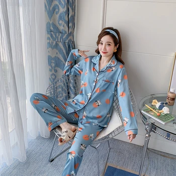 Rudenį pižama moterų pižama su ilgomis rankovėmis sleepwear moterų PLIUS dydžio seksualus sleepwear Šilko Seksualus apatinis Trikotažas animacinių filmų