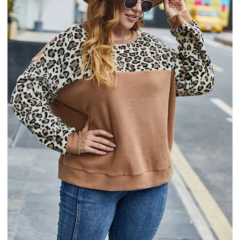 Rudenį plius dydis leopard print T-shirt 5XL-9XL plius dydis moterų apvalios kaklo nukentėjo spalva leopardas spausdinti atsitiktinis ilgomis rankovėmis T-shirt