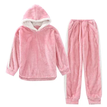 Rudenį, Žiemą Moterys Pijamas Pink Coral Vilnos Gražus Šiltas Storas Gobtuvu Pajama Komplektai Pižama Ilgomis Rankovėmis, Minkšta Pižamos Sleepwear