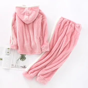 Rudenį, Žiemą Moterys Pijamas Pink Coral Vilnos Gražus Šiltas Storas Gobtuvu Pajama Komplektai Pižama Ilgomis Rankovėmis, Minkšta Pižamos Sleepwear