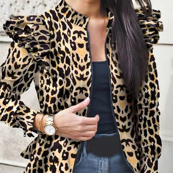 Ruffles Trumpi Švarkai 2020 Stovėti Apykaklės Užtrauktukas Moterų Spausdinti Paltai 3XL Plius Dydis Rudenį Plonas Leopard Lady Striukė Viršutiniai drabužiai G1934