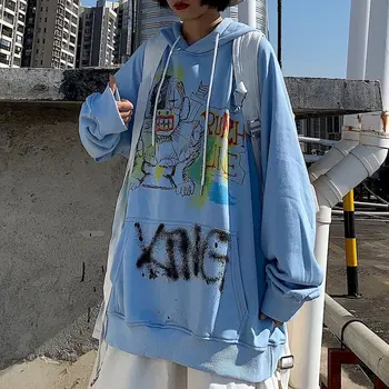 Saldus palaidinukė moterų hoodies moterų korėjos viršūnes ins Harajuku bf vėjo grafiti animacinių filmų spausdinti prarasti plius aksomo studentų striukė