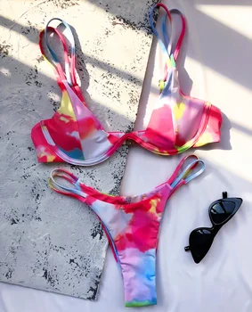 Seksualus Kaklaraištis Dažų Thong Bikini 2020 Moterų maudymosi Kostiumėliai, Moterų maudymosi kostiumėlį Dviejų vienetų Bikini nustatyti V-Baras Laidinio Push Up Bather Maudymosi Kostiumą Plaukti