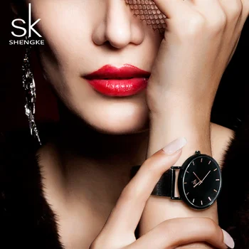 SHENGKE Black 7MM Ultra Plonas Kvarciniai Laikrodžiai Moterims, Didelis Ciferblatas Laikrodis Laikrodžiai Lady Riešo Žiūrėti Valentino Dienos Dovana Reloj Mujer