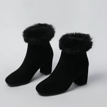 Sianie Tianie nubuko žiemą šiltas, prabangus kailiniai batai furry kulkšnies užtrauktukas bateliai moteris elegent ponios aukštakulniai batai sniego batai