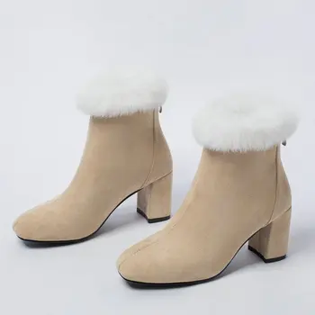 Sianie Tianie nubuko žiemą šiltas, prabangus kailiniai batai furry kulkšnies užtrauktukas bateliai moteris elegent ponios aukštakulniai batai sniego batai