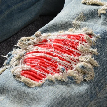 Sokotoo Vyrų raudona spausdinti pleistras dviratininkas džinsai moto Liesas kratinys skylių kankina ruožas džinsinio audinio kelnės