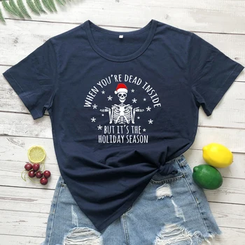 Spalvos, Kai esate Miręs Viduje, Bet Tai Atostogų Sezoną T-shirt Juokinga Santa Kaukolės Skeletas Kalėdinių Dovanų Top Tee