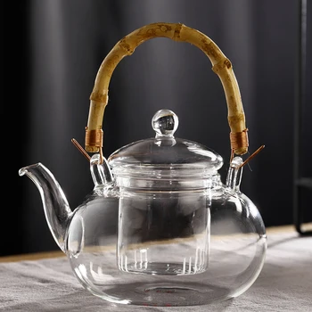 Stiklo 600ml bambuko bendras kėlimo rankena arbatinukas su infuser stiklo puodą