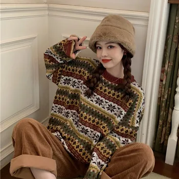 Sujungimas spalva moterų megztinis prarasti storio Harajuku drabužių moterų ilgomis rankovėmis retro megzti megztinis (puloveris) patenka 2020 m. moteris