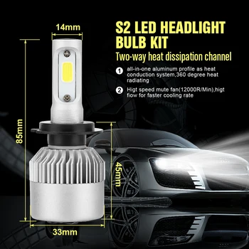 Super šviesus S2 Naujas LED Automobilių Žibintai su 3 Pusių Šviesos 10000LM Cree Lemputė H1 H3 H4 H7, H11 H13 H27 9004 9005 9006 HB4 9007 HB5