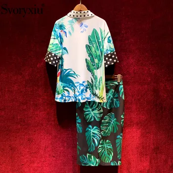 Svoryxiu Aukštos Kokybės Laisvalaikio Prekės ženklo Moterų Sijonas Kostiumas Žalia Lapų Spausdinimo Slim Mados Dviejų dalių Moterų Sijonas Kostiumas