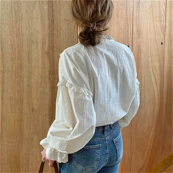 TEELYNN ilgio sluoksniuotos rankovėmis nėrinių palaidinė moterims marškinėliai derliaus elegantiškas ruffles 2020 m. rudenį viršūnes vientisos baltos medvilnės Prarasti korėjos Blusas
