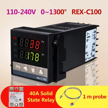 Temperatūros Reguliatorius Įtampa 110-240V 0 iki 1300 Laipsnių REX-C100 Protingas Valdiklis +1 Metras Zondas +40A (Solid State Relay